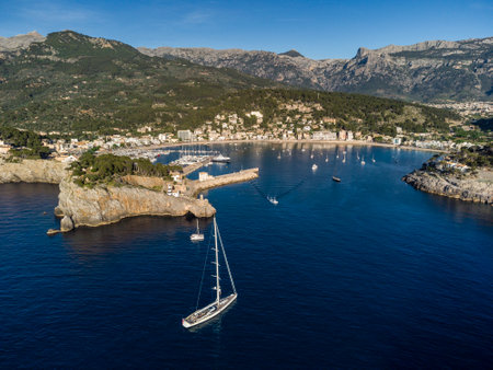 ship entering Soller port, Mallorca, Balearic Islands, Spainの写真素材