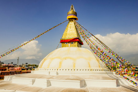 Buddhist stupa with banners,  Boudhdanath, Kathmandu, Nepal, Asia.の写真素材