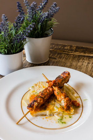 veal skewers with potatoes gratin, restaurant S'Escrivania, Porreres, Mallorca, balearic islands, spain, europeの写真素材