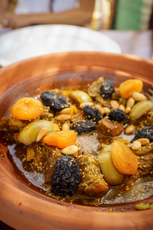 beef tagine with pears, plums and almonds, Berbari Moroccan cuisine, Medchar Ghanem , Asilah, morocco, africaの写真素材
