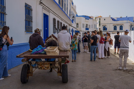 horse drawn carriage among crowd of tourists, Asilah, morocco, africaの写真素材