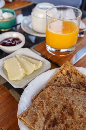 breakfast with typical bread and orangeade, Asilah, morocco, africaの写真素材