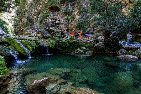 riverside restaurant, God's Bridge, Akchour, Talassemtane Nature Park, Rif region, morocco, africaの写真素材