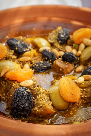 beef tagine with pears, plums and almonds, Berbari Moroccan cuisine, Medchar Ghanem , Asilah, morocco, africaの写真素材