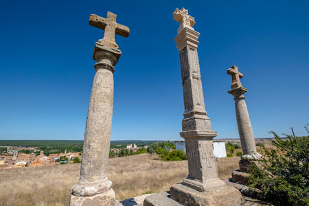 Three Crosses of the old Via Crucis, El Cinto, AlmazÃ¡n, Soria, autonomous community of Castilla y LeÃ³n, Spain, Europeの写真素材