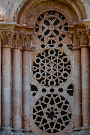 Ermita de Santa Coloma, window flared in a semicircular arch, Albendiego, Guadalajara province, Spainの写真素材