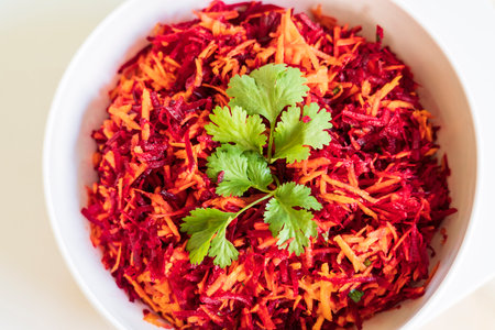 beet and carrot salad in a white salad bowl, Majorca, Balearic Islands, Spainの写真素材