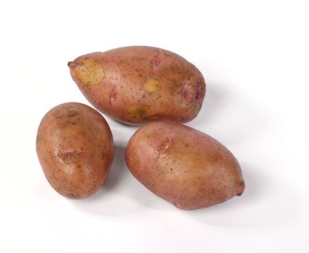 Fresh raw potatoes on white background with shadows. Is not isolated imageの写真素材