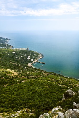 crimean coastline, black sea surface under the summer skyの写真素材