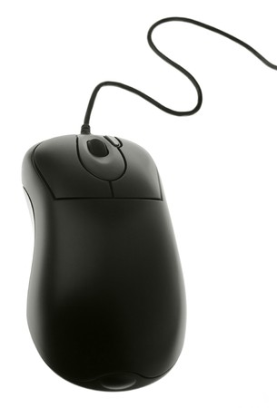 Computer mouse with cord. Black, not isolatedの写真素材