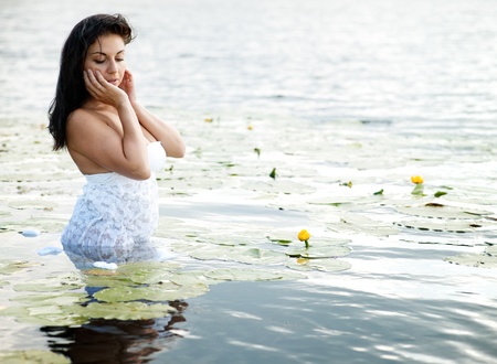 heat summer day on the beach. female portraitの写真素材