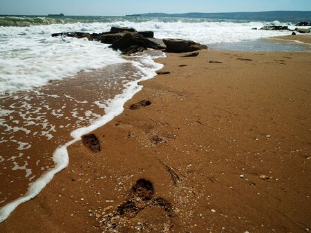 sea surf with footprint over sand. Ukraine, Black Sea coastlineの写真素材