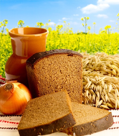 delicious bread and onion on folk backgroundの写真素材