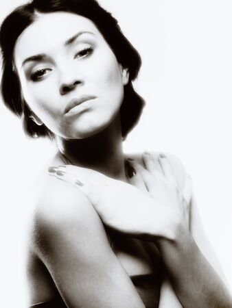 Black and white female portrait with soft focus lensの写真素材