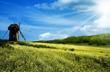 Green hills under the blue summer skiesの写真素材