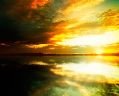 Beauty sunset on the lake. Abstract natural backgroundsの写真素材