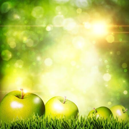 Fresh tasty apple on the grass. Abstract natural backgroundsの写真素材
