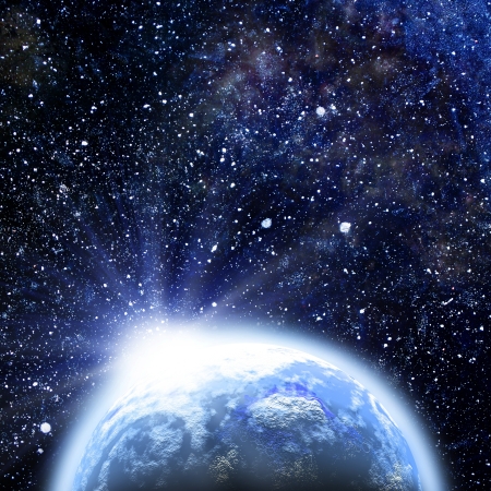 Rising sun over the Earth planet, abstract backgroundsの写真素材