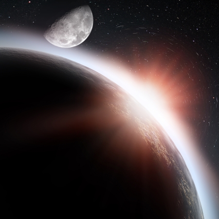Rising sun under the Earth planet, abstract backgroundsの写真素材