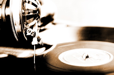Lithprint of vintage phonograph with shallow depth of fieldの写真素材
