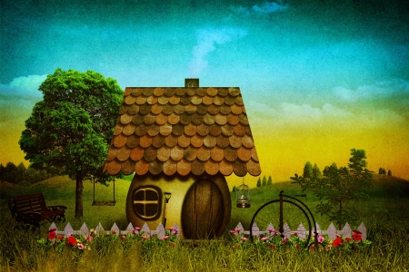 Grungy fantasy landscape with vintage cardboard texture addedの写真素材