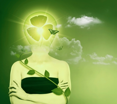 Green energy and eco protection concept. Female abstract portraitの写真素材