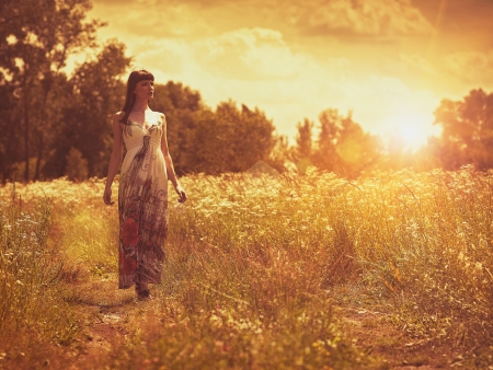 On the meadow, female portrait under the evening sunの写真素材