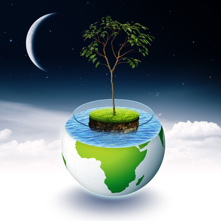 Abstract environmental backgrounds with Earth island and treeの写真素材