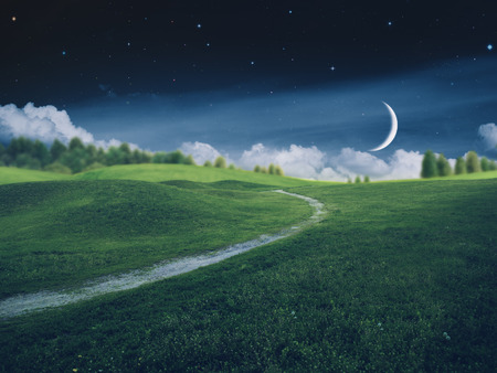 Fantastic starry night on the farmland, environmental backgroundsの写真素材