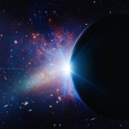 Rising sun under the Earth planet, abstract backgrounds. の写真素材