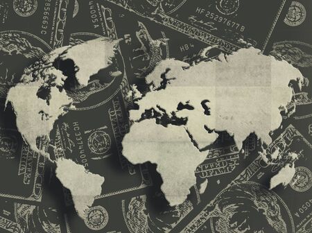 Grungy financial background from hundred bucks banknotes and Earth map