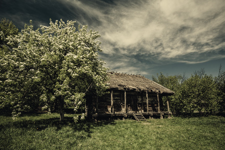 Old abandoned hut under dramatic skies, natural landscapeの写真素材