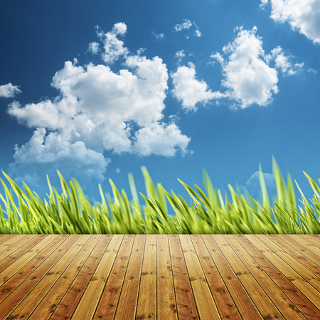 Abstract natural backgrounds with wooden desk and green grass under blue skiesの写真素材