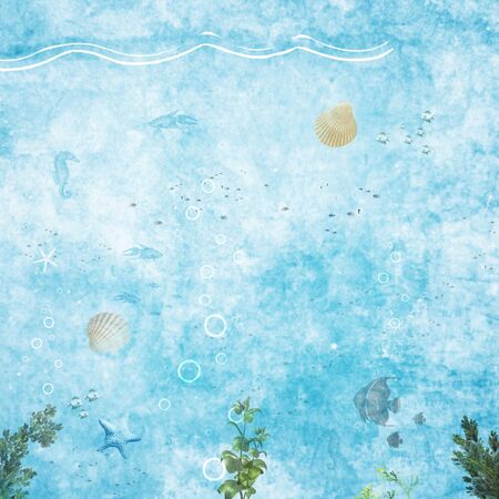 Abtract grungy marine backgrounds with underwater plants and fishの写真素材