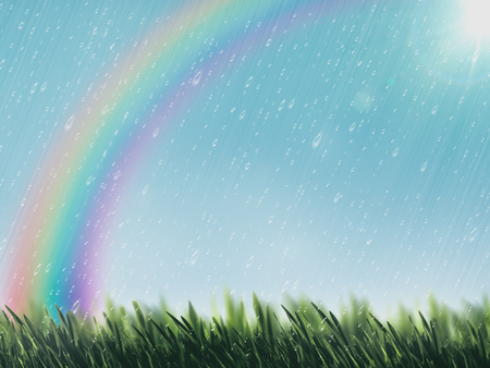 Beauty summer day with rain drops, funny rainbow and green grassの写真素材