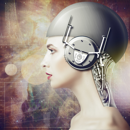 Cyborg woman, abstract science and technology backgroundsの写真素材