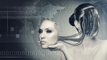 Cyborg woman, abstract science and technology backgroundsの写真素材