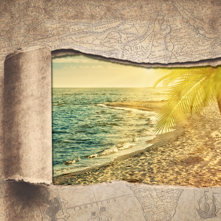 Travel and adventure backgrounds with vintage map and beautiful placesの写真素材