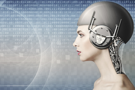 Modified human, female portrait with computer code page as backgroundの写真素材