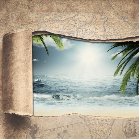 Travel and adventure backgrounds with vintage map and beautiful tropical islandの写真素材