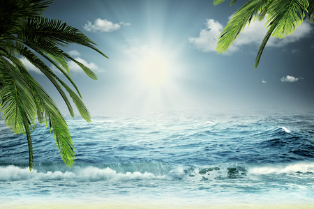 Beautiful sea, summer travel backgrounds with ocean waves, palm tree and skyの写真素材