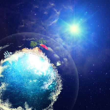 Funny Blue planet against space backgrounds and bright star