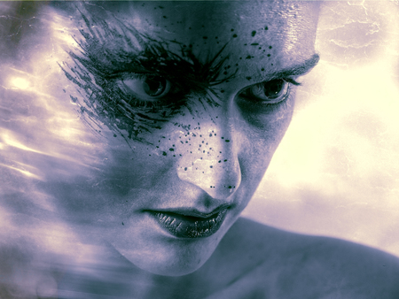 Demon, horror. Female portrait with motion effectの写真素材