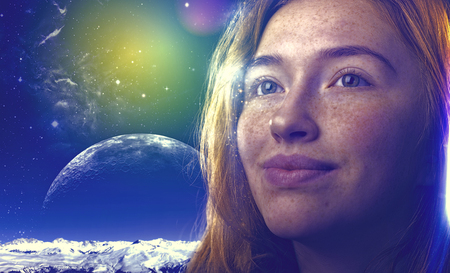 Dreams, another reality. Funny female portrait with red head girl