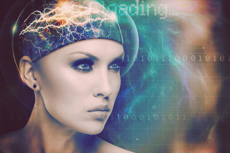 Abstract science and technology background with human face and graphsの写真素材
