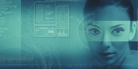 Abstract science and technology background with human face and graphsの写真素材