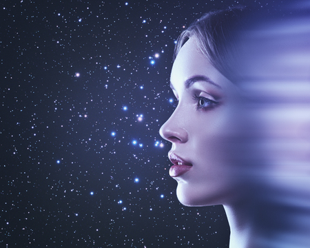 Instant Teleport. Fantastic female portrait with motion design and space backgroundsの写真素材