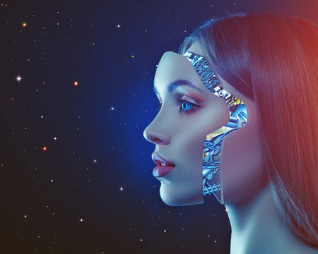 Cyber look. Science and technology backgrounds with futuristic female portraitの写真素材