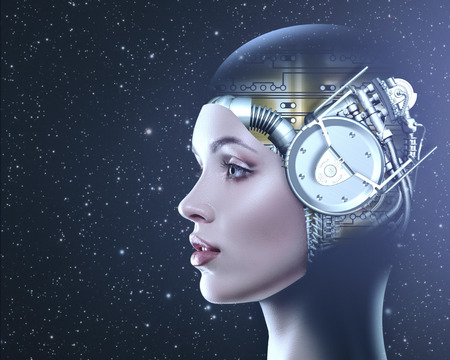 Cyber look. Science and technology backgrounds with futuristic female portraitの写真素材