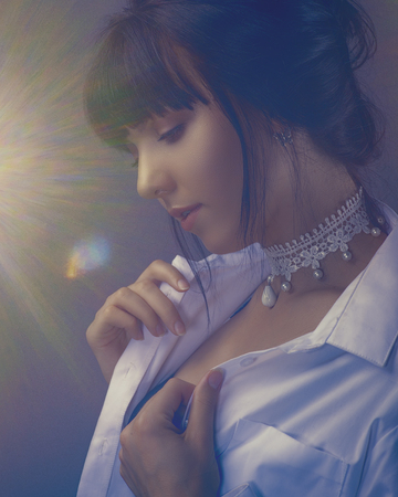Sensuality. Beauty brunette, retro styled female portraitの写真素材